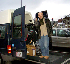 Dave Clarke operates the wheelchair lift