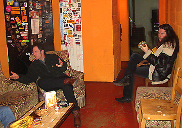 Tom Cat Blake and Napoleon Washington backstage at La Case  Chocs, Neuchatel. Note all the band stickers in the background.